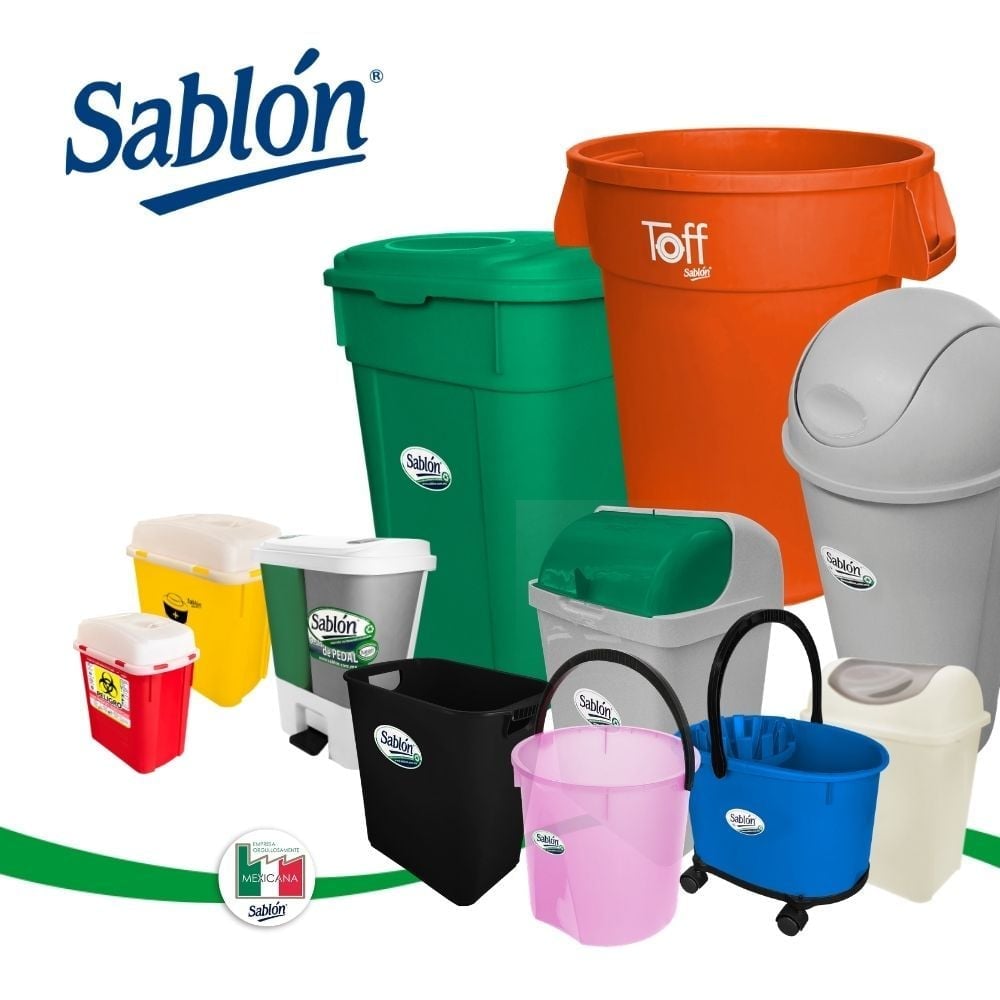 Botes y contenedores de basura Sablón en varios colores y tamaños: verde, naranja, gris, amarillo, negro, rosa, azul y blanco